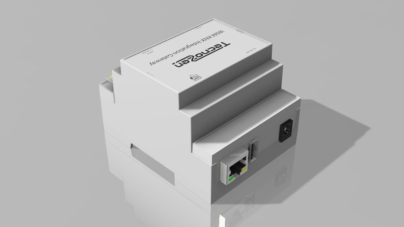 KNX-WiiM Gateway visto desde atrás, con puerto Ethernet y conector de alimentación